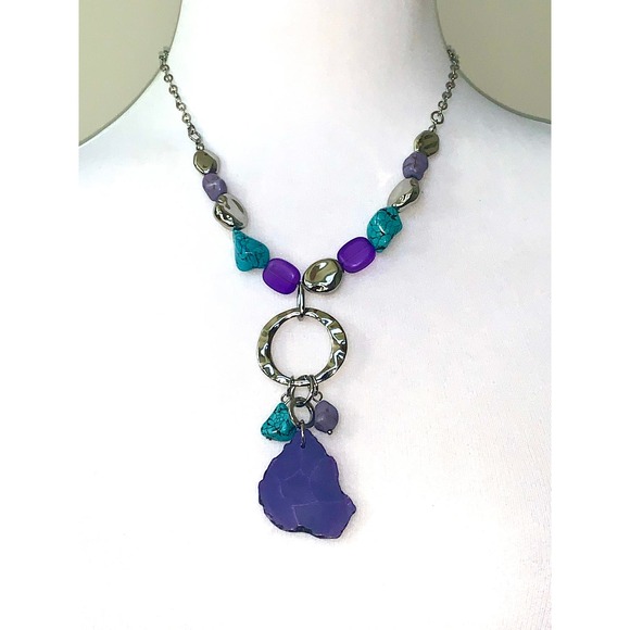 Chico's Silver Tone Turquoise Purple Amythest Color Cut Stone Necklace EUC - Picture 7 of 7